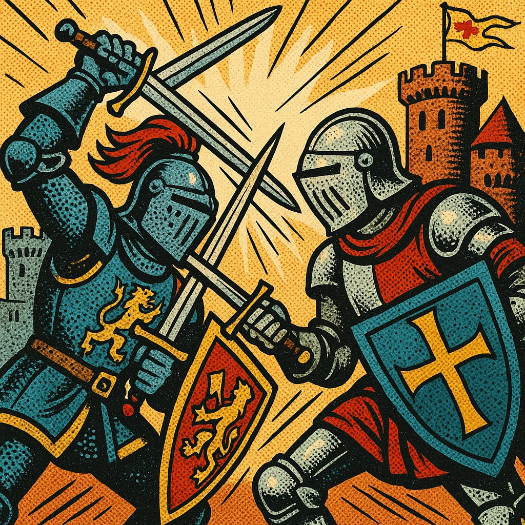 affrontement de chevaliers, châteaux en arrière-plan, style old school comic book emoji