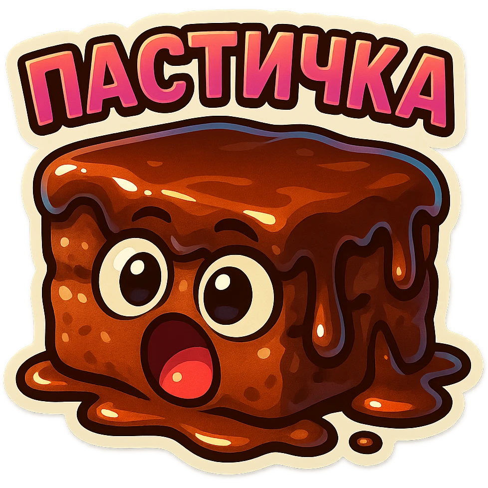 Rectangular chocolate mini pastry, slightly messy and squished, chocolate dripping, big round eyes, wide open mouth, playful surprised expression, text above: "ПАСТИЧКА", chibi style, Twitch emoji style, transparent background, colorful

 emoji