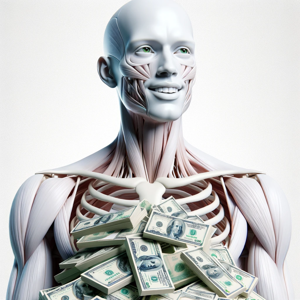 corpo umano anatomico sereno e felice con una montagna di banconote davanti, espressione stupita, iperrealistica 4k, isolato su sfondo bianco emoji