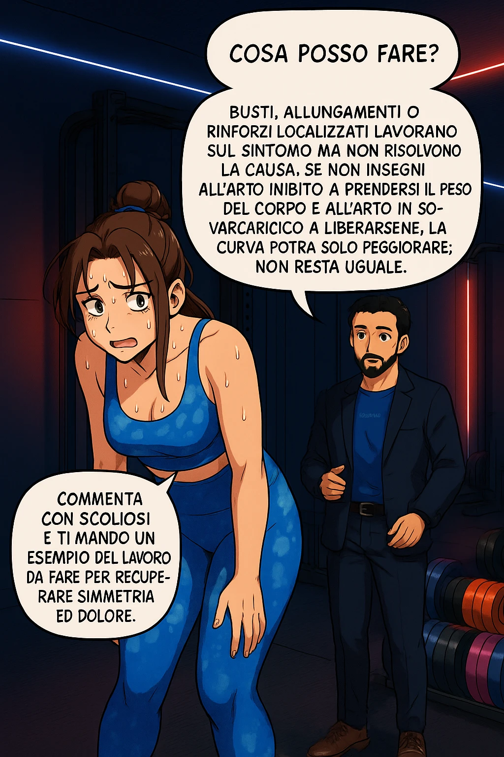 ispirati a questo stile di disegno e fai questa immagine in versione manga/webtoon a colori, il manga mostra la donna preoccupata che chiede: "COSA POSSO FARE?" E L'UOMO CHE RISPONDE: Busti, allungamenti o rinforzi localizzati lavorano sul sintomo ma non risolvono la causa. Se non insegni all’arto inibito a prendersi il peso del corpo e all’arto in sovraccarico a liberarsene, la curva potrà solo peggiorare; non resta uguale. Commenta con scoliosi e ti mando un esempio del lavoro da fare per recuperare simmetria ed eliminare il dolore. emoji