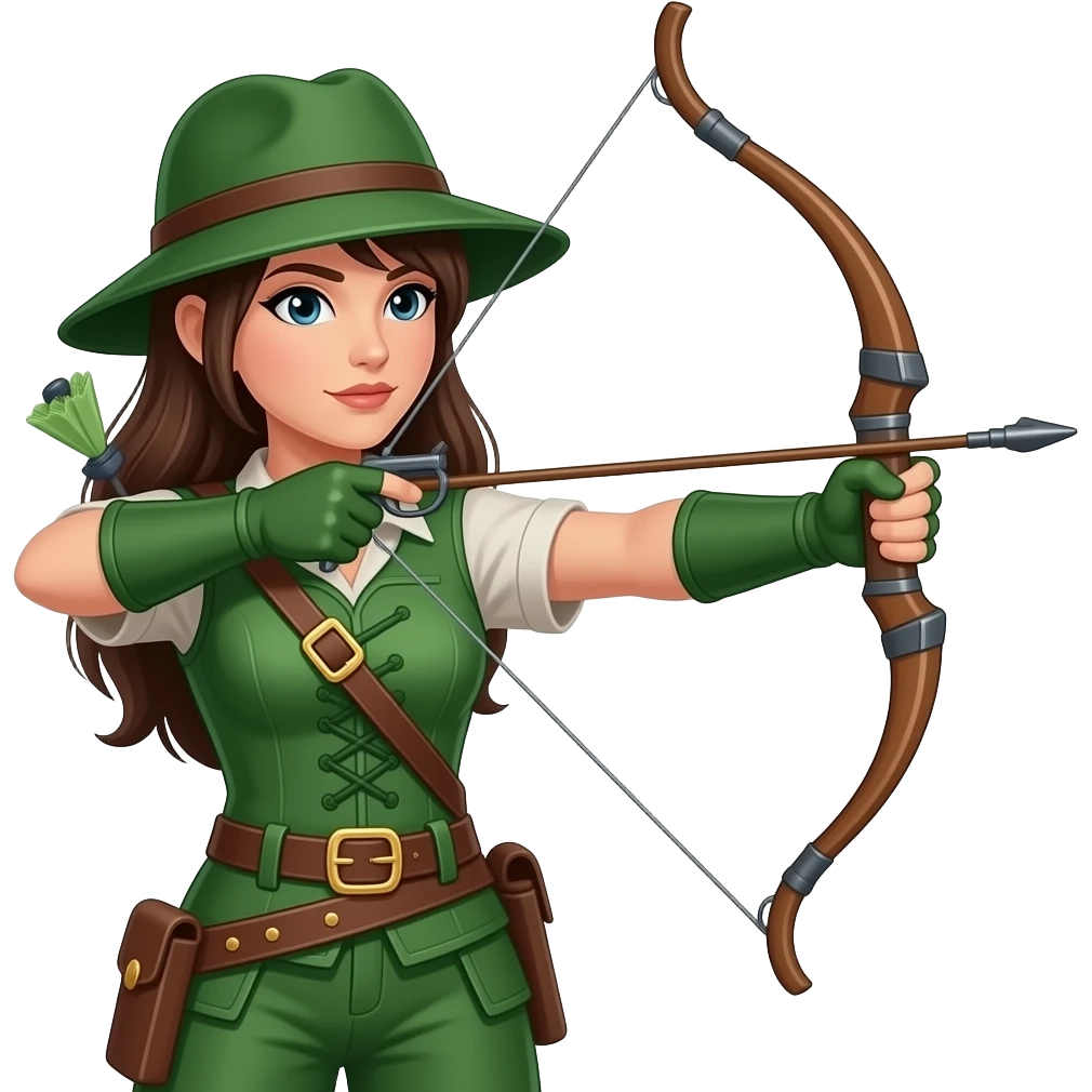 female hunter with green costume hat and weapon aiming emoji