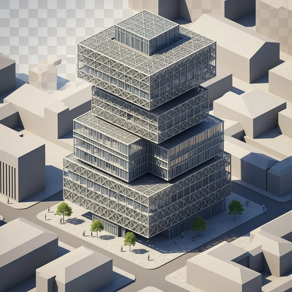 Isometric photorealistic illustration of Birmingham library highly detailed in semi-realistic, 3D miniature effect, transparent background. emoji