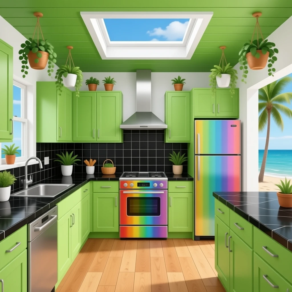 fancy beachside kitchen with black wall tiles, lime green cabinets, rainbow metal appliances and sink, black countertops, wood floors, leaf green colored ceiling with a skylight, hanging decorative plants from the ceiling emoji