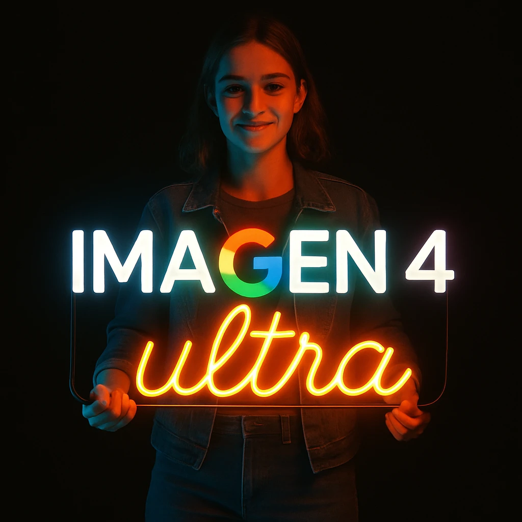 make a girl holding this sign, but sign in made of neon, also add ultra below the sign emoji