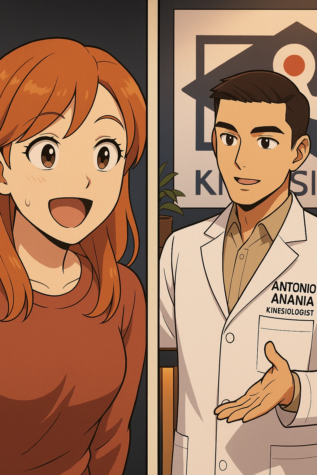 su questo stile fai un manga/webtoon a colori in cui C'è UNA STRISCIA CON FOCUS SUL VOLTO DELLA donna CON ESPRESSIONE DI STUPORE CHE ESCLAMA UNA COSA FELICE, MENTRE NELLA STRISCIA A DESTRA SI VEDE, l'uomo della foto in stile manga LE SPIEGA CHE DEVE PROVARE LA SUA VALUTAZIONE MEDICA, mantieni un ambiente simile alla foto che ho allegato con il suo logo (sarebbe il suo studio, lui è un kinesiologo), scrivigli "ANTONIO ANANIA" sul camice bianco, non mettere fumetti, ma fai in modo che sembri che la donna CHIEDA E  l'uomo RISPONDA emoji