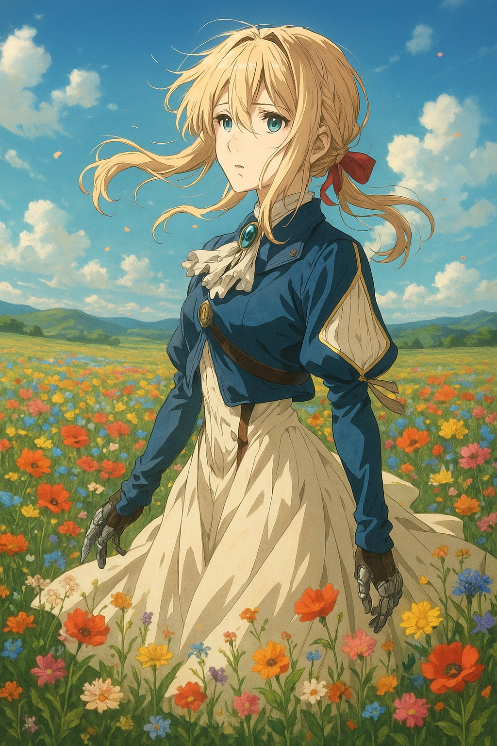 Violet Evergarden, standing in a field of flowers, wind blowing her hair and dress, cinematic scene in the original anime art style emoji
