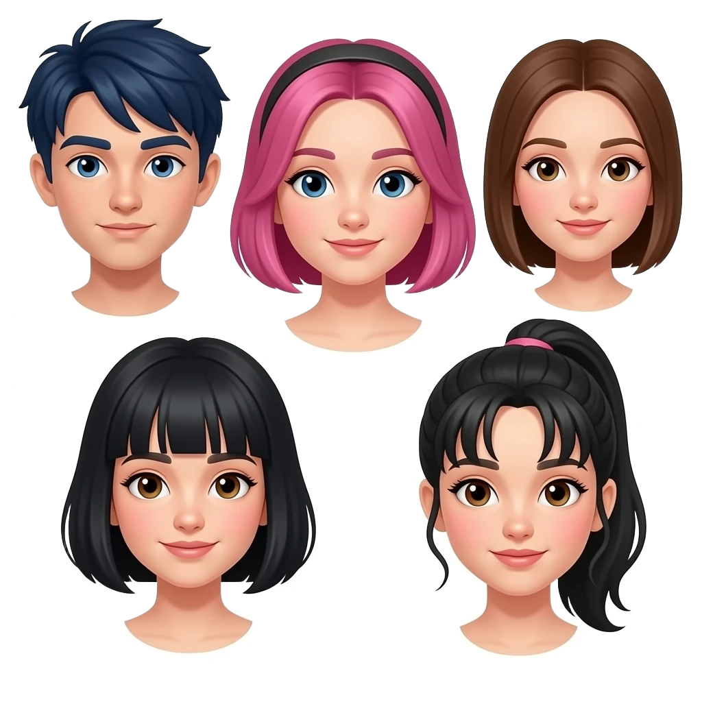do a emoji of 7 teens. 3 boys, 4 girls. one boy has dark blue hair. one girl has pink highlights. one girl has brown hair. one girl has a black bob. one girl has wispy bangs and her black hair is up in a pony. make in in apple emoji style and no back ground emoji