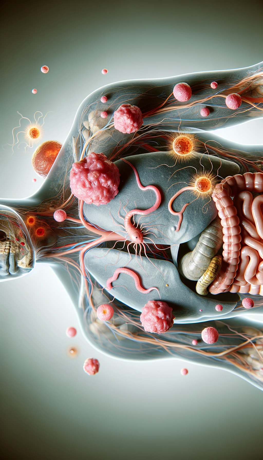 corpo umano anatomico con cellule tumorali intorno, cancro e malessere generale, parassiti come la tenia intorno, sfondo neutro chiaro, iperrealistico 4k emoji