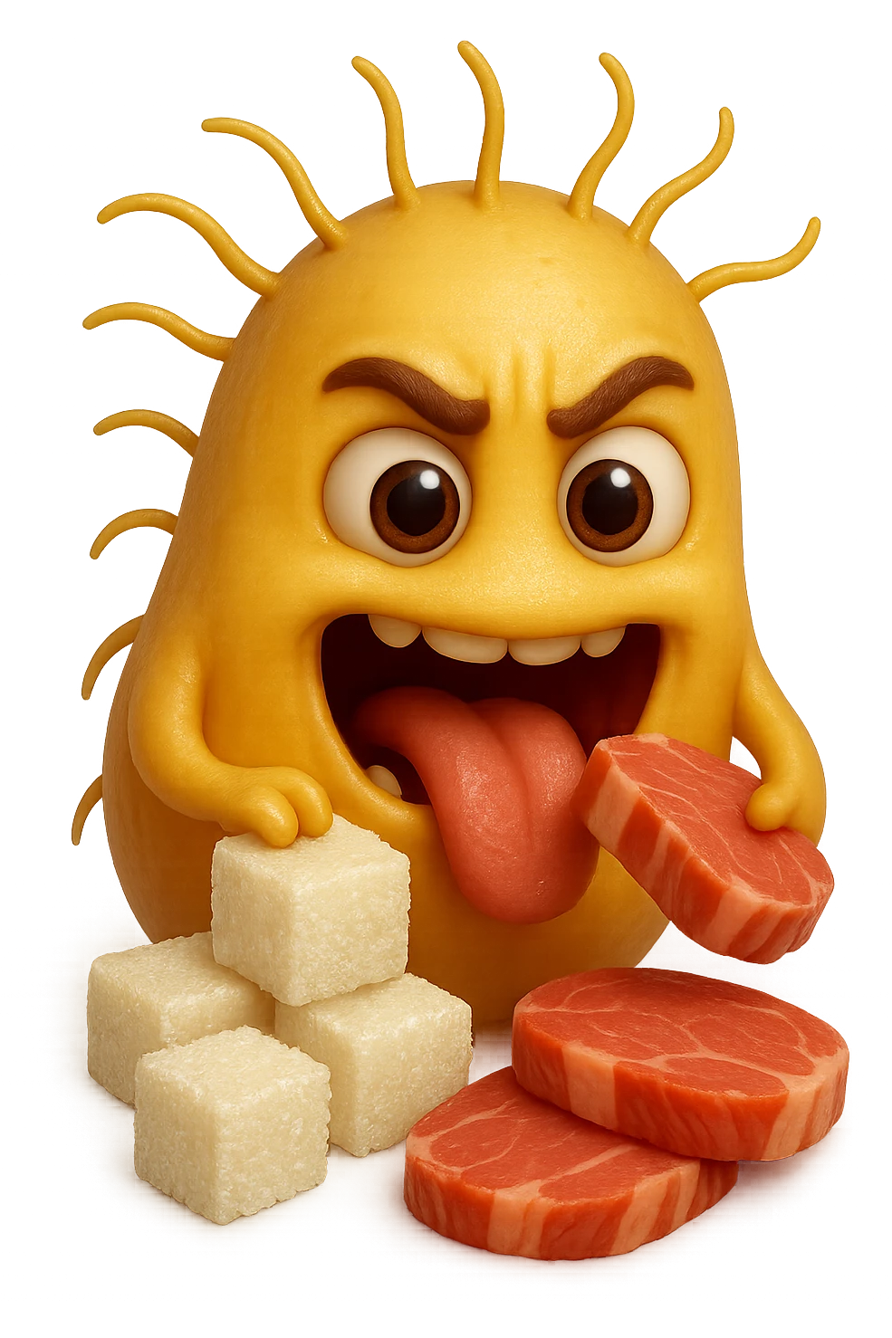 emoji stile iphone realistica di un batterio della candida con espressione affamata che si nutre di zollette di zuccheri e fettine di carne, IPERREALISTICO 4K emoji