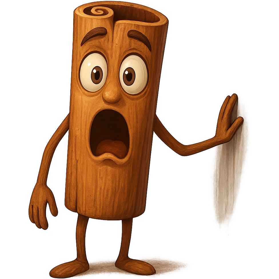Create a surprised expression for a cinnamon stick character. The character should have wide eyes and an open mouth to show surprise, with a transparent background. emoji