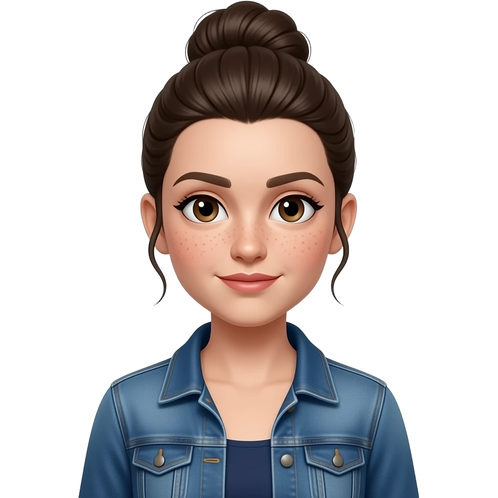 HT - dark brown eyes, pale freckles, very pale white skin, widows peak, dark brown long hair in a high bun, dark blue dress, denim jacket emoji