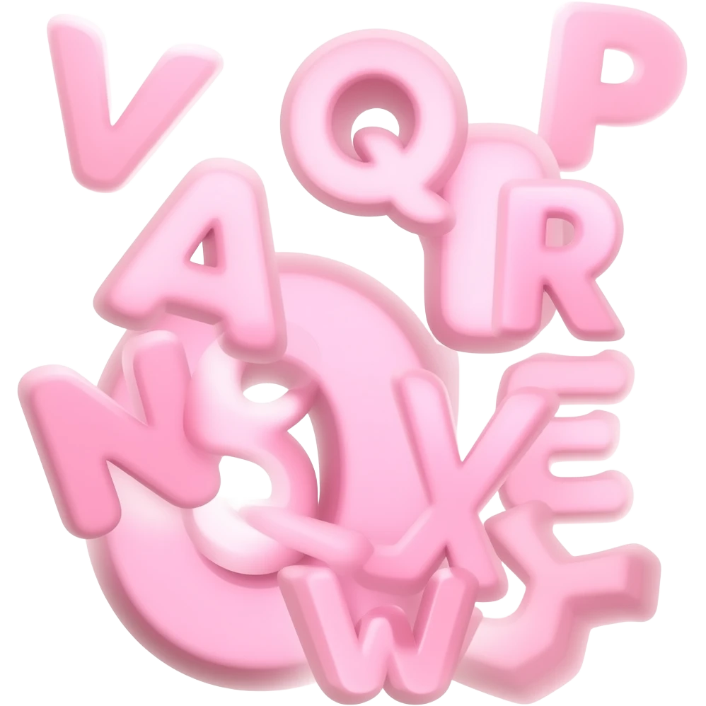 the full alphabet 'A, B, C, D, E, F, G, H, I, J, K, L, M, N, O, P, Q, R, S, T, U, V, W, X, Y, Z' in pink letters emoji