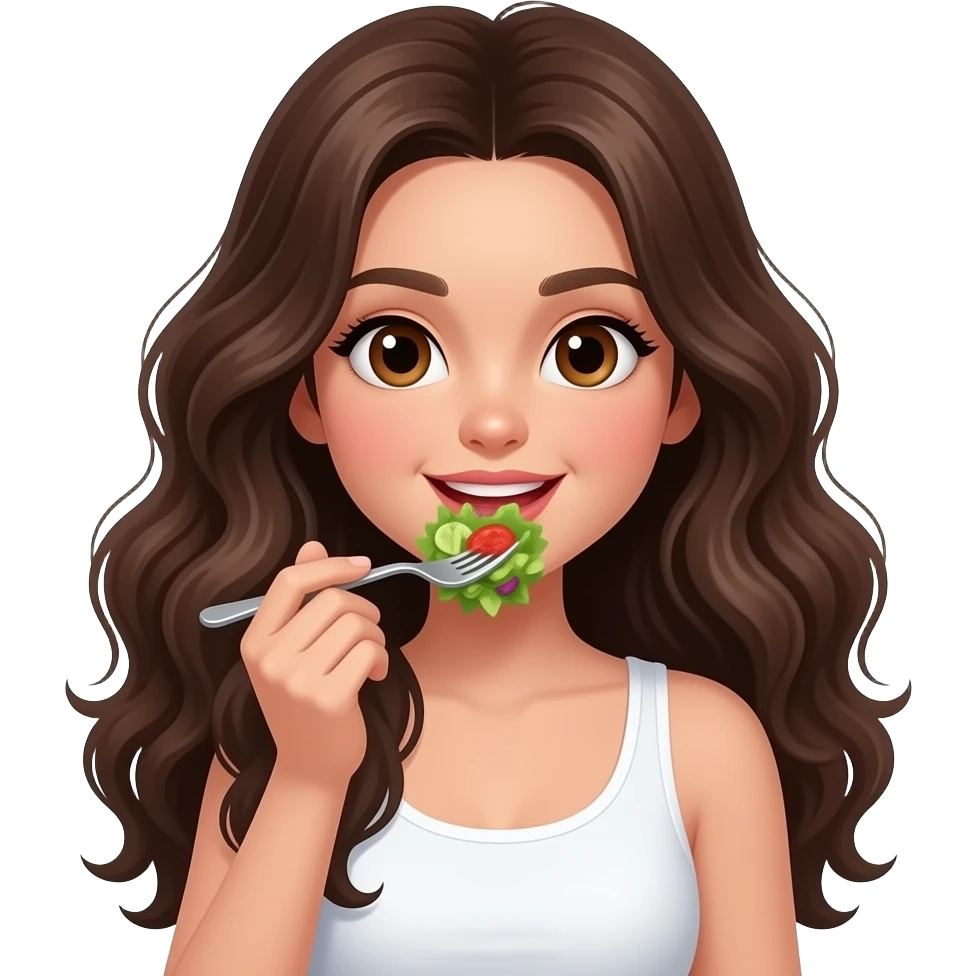 A girl with fair skin, brown eyes, long, incredibly wavy dark brown hair, wearing a white tank top, eating a salad. emoji