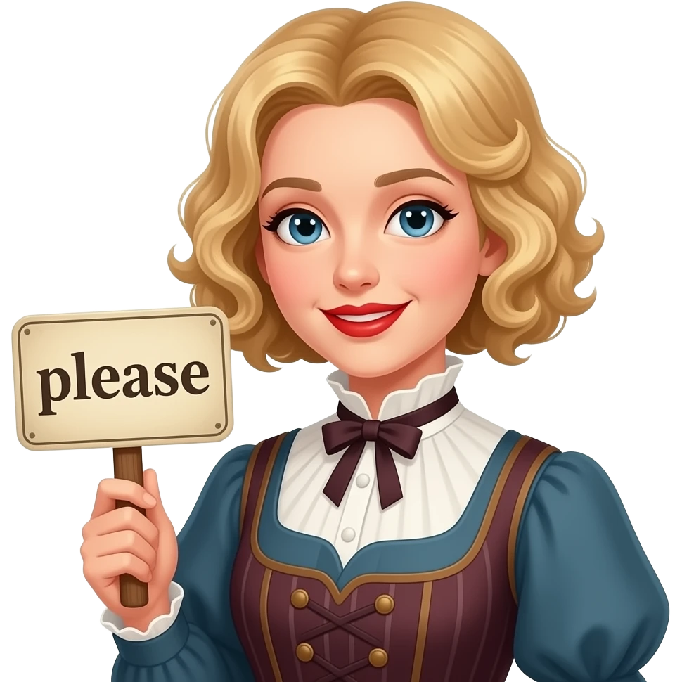 short blonde with spiral curly hair side swept bob with a vintage sign saying please in an 1800 outfit in red lipstick emoji