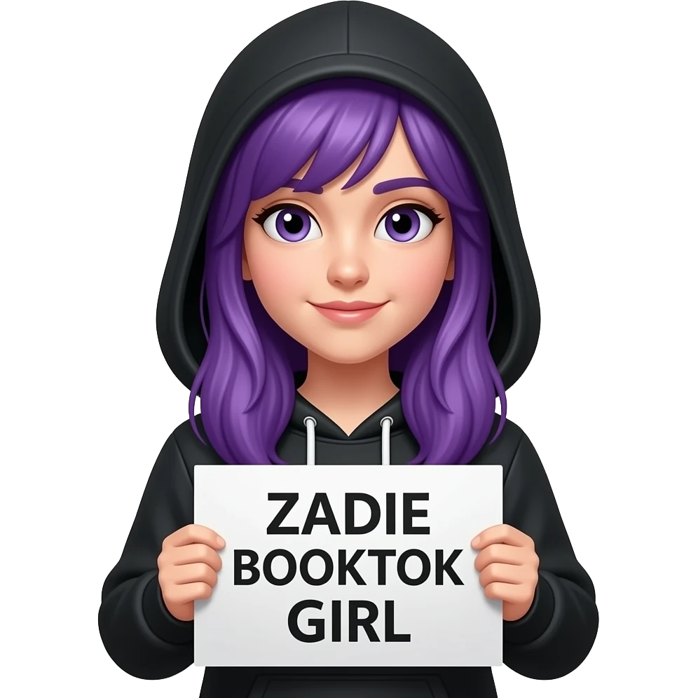 girl with long purple hair wearing a black hoodie with the hood atop her headholding a ZADIE BOOKTOK GIRLsign emoji