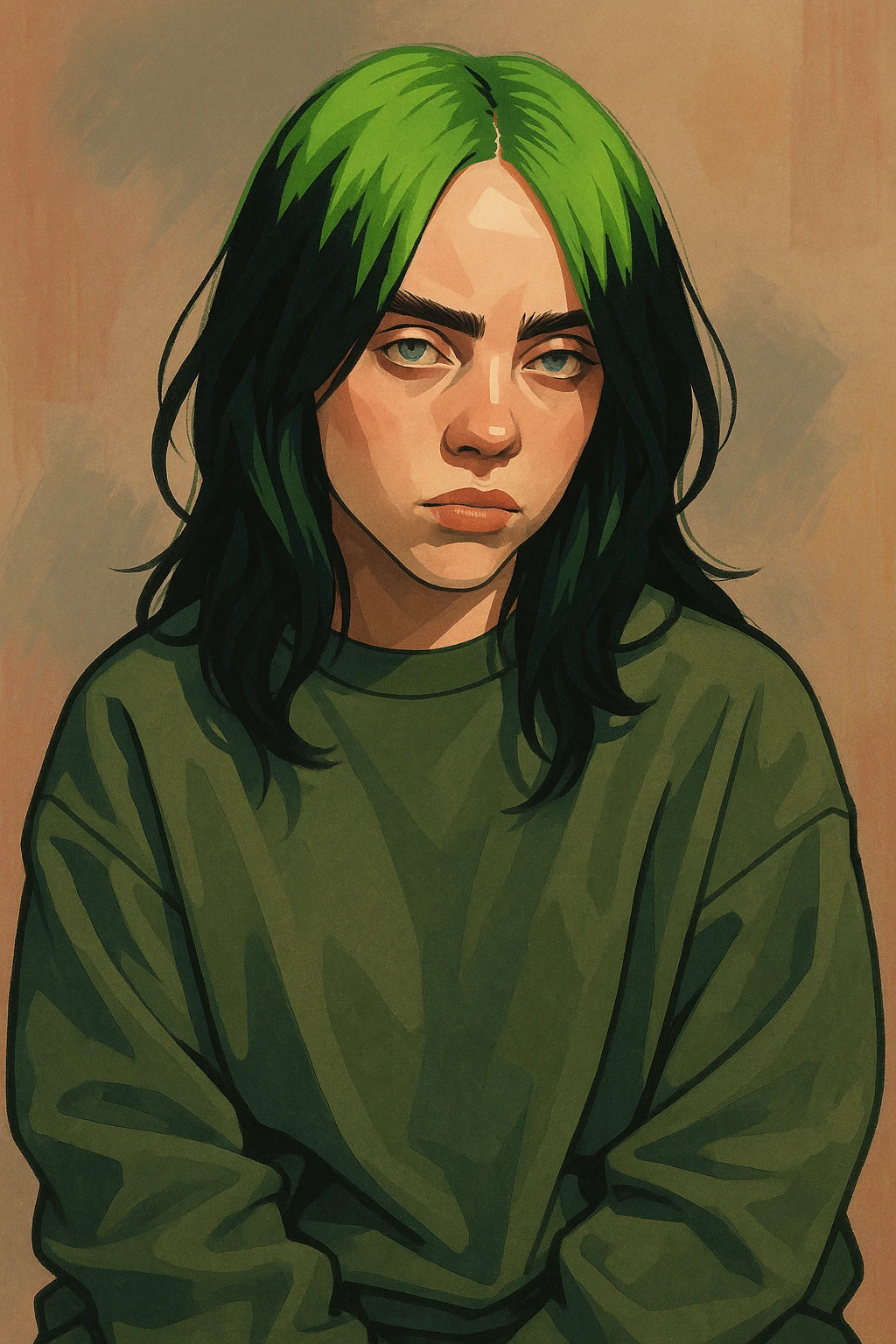 stylized portrait of Billie Eilish, pop star, green hair, oversized clothing, moody expression, modern style emoji