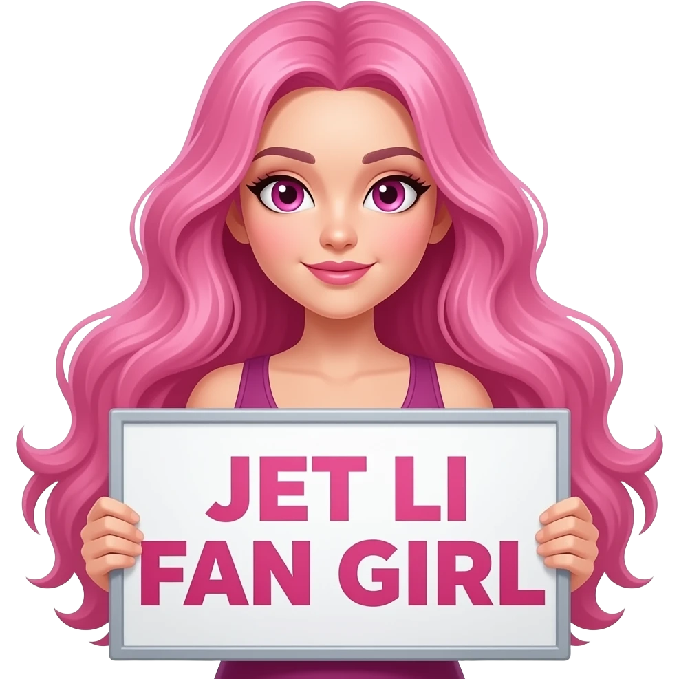 sexy girl with long pink hair and pink eyes holding JET LI FAN GIRL sign emoji