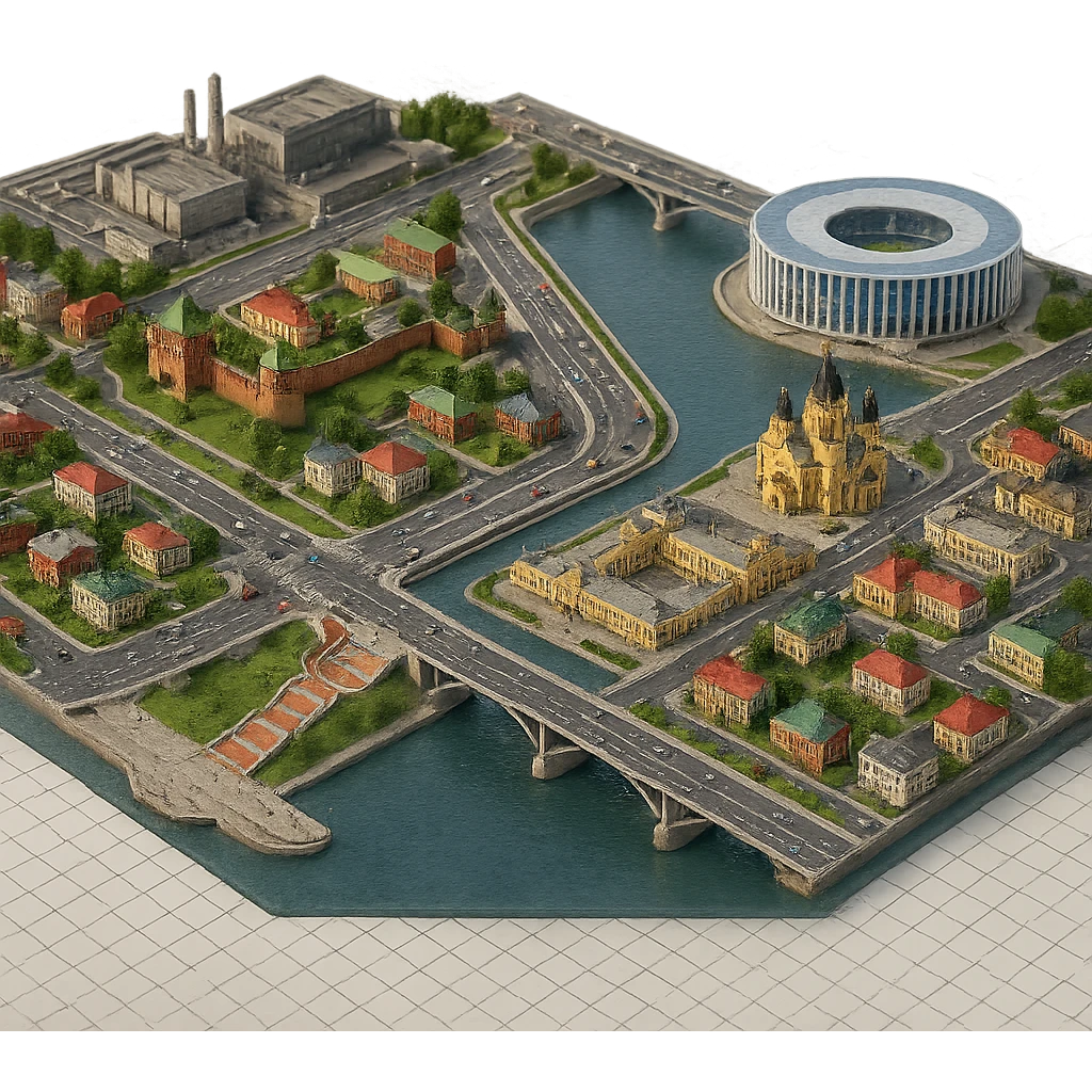 Изометричная миниатюрная фотореалистичная 3D модель панорамы Нижнего Новгорода - Нижегородский Кремль, Стрелка между Окой и Волгой, стадион Нижний Новгород, ГАЗ, Чкаловская лестница, Борский Мост через Волгу, Нижегородская ярмарка, нижегородские дома, автотранспорт четкие линии, яркие цвета, люди, компактная композиция, вид сверху в изометрии, прозрачный фон emoji