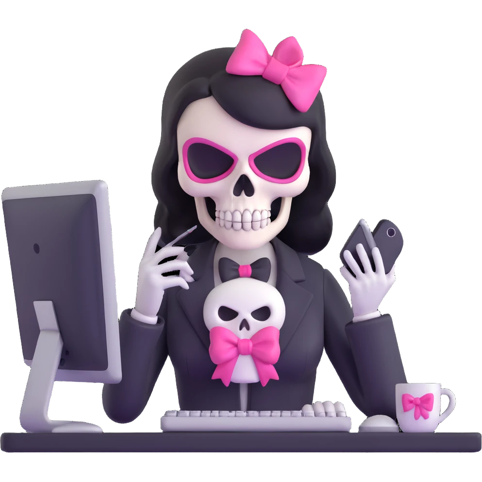 female Punisher skull character with pink bow working on computer emoji