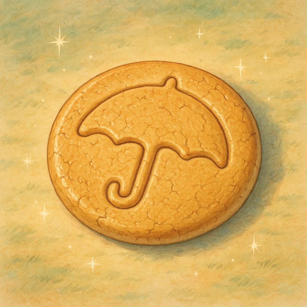 ghibli style dalgona candy with umbrella shape, inspired by Squid Game emoji