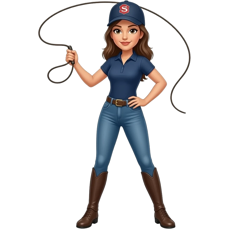 woman in riding jodhpurs, and baseball cap, cracking a bullwhip in one hand, and her other hand on her hip, standing with her legs apart emoji