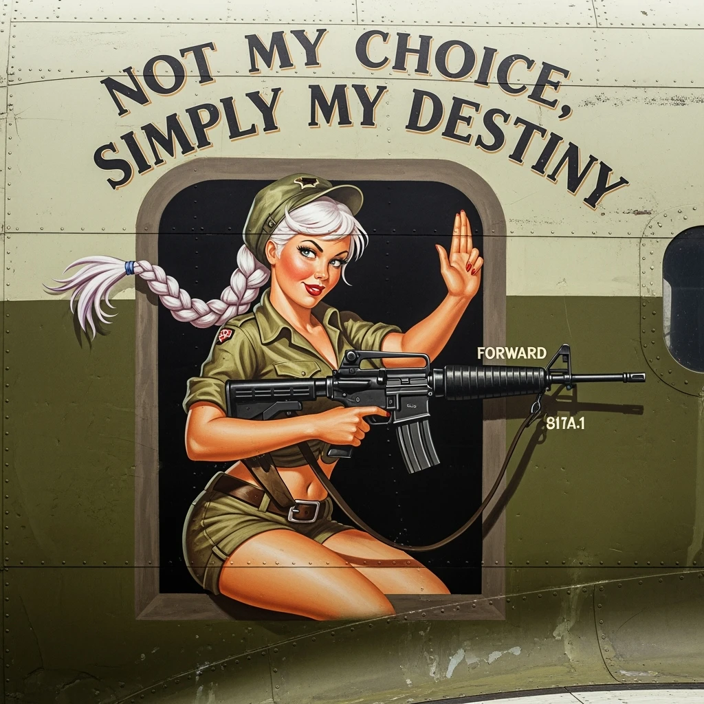 a retro military pinup fuselage decoration for the motto " not my choice, simply my destiny "
the female figure in the pinup image wears a single white braid with lavender tips, breaching, m4a1, "move" handsignal emoji