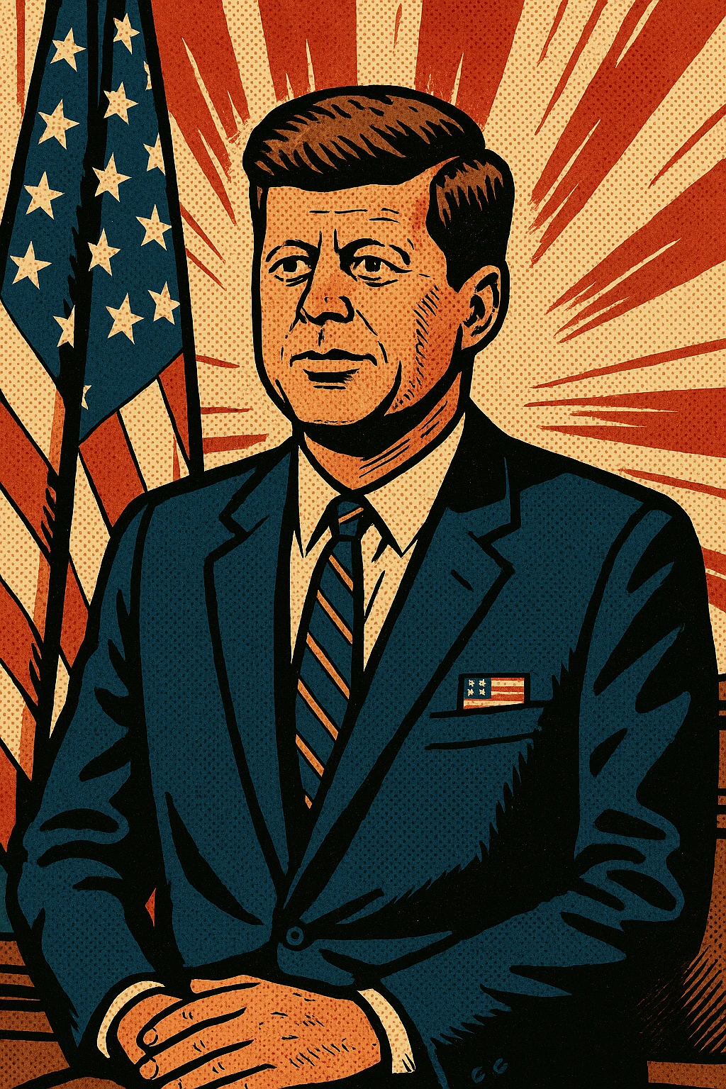 President Kennedy wearing a suit with a US flag badge standing in front of a US flag in his office emoji