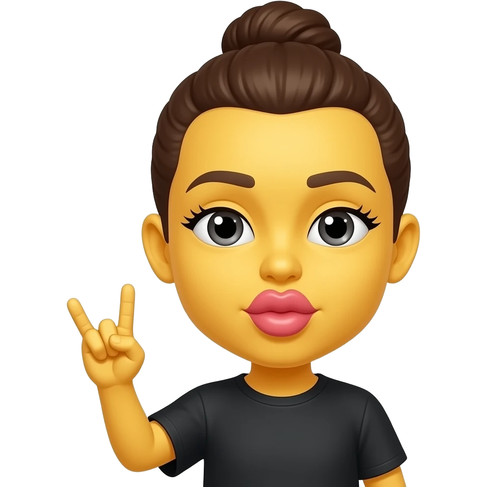 Yellow Emoji face with a slick back bun extra big kissy lips, lashes and throwing up gang sign emoji