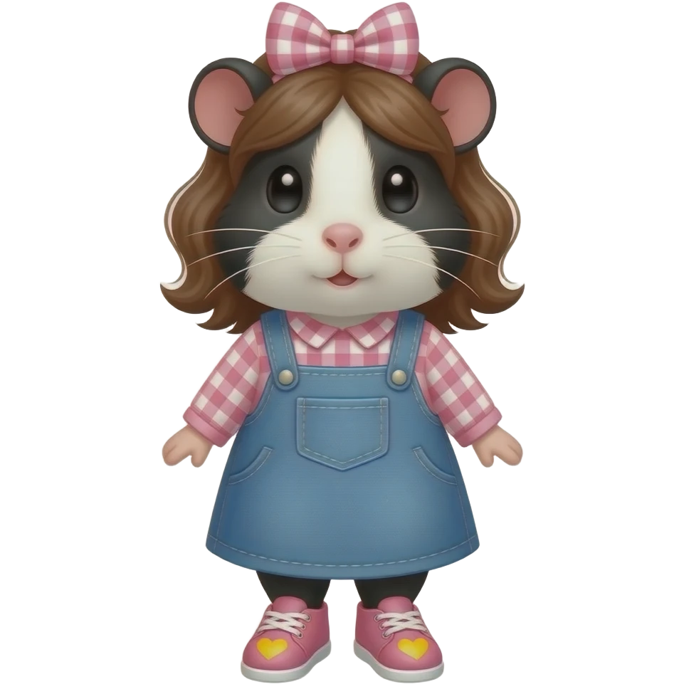 black and white guinea pig in long sleeve pink gingham shirt with a jean dress, pink shoes with yellow hearts and a pink gingham bow in hair emoji