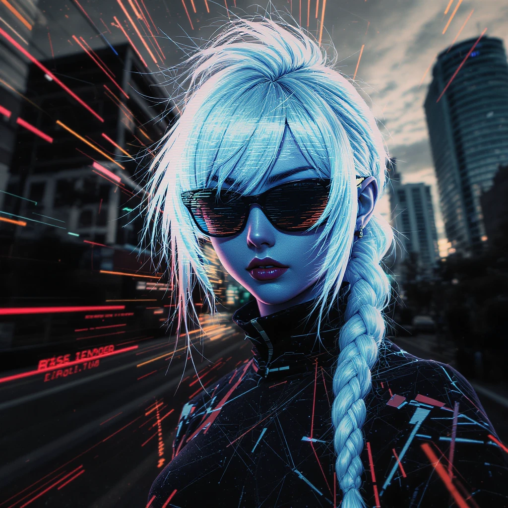cyberwave glitch digital microscanner projection of a portrait of an anime girl wearing dark shades, cyber hologram, abstract, experimental glitchy brutalist graphicwave, 1 female, white hair mohawk locks, shaved sides hair, long single braid, gold yellow eyes, style of anime emoji