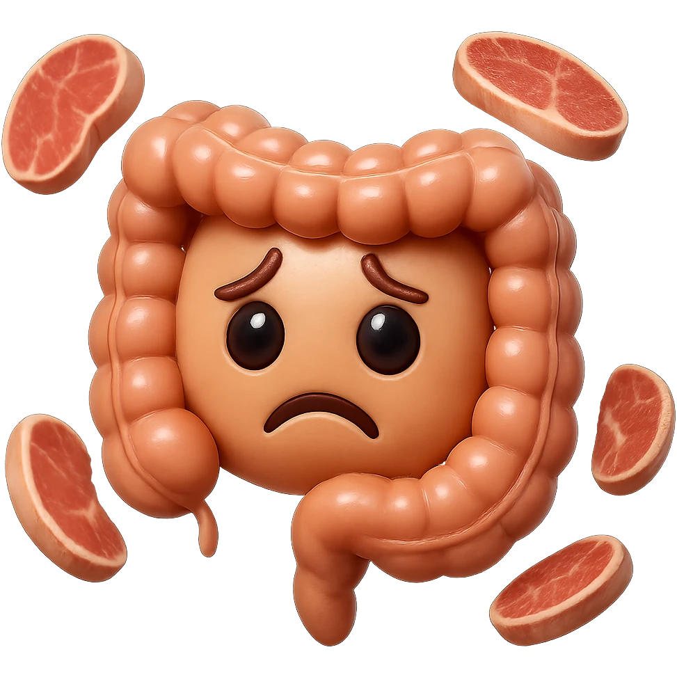 emoji stile iphone in 3d di un intestino triste
 con fette di carne che gli fluttuano intorno, iperrealistico 4k emoji