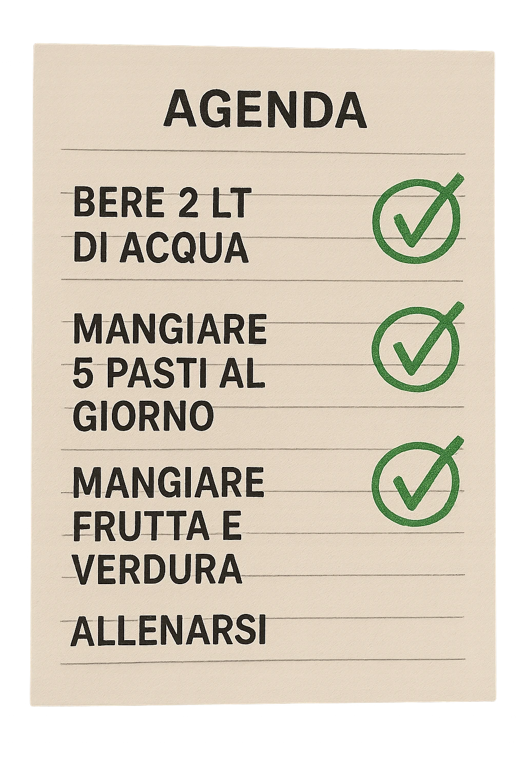 FOGLIO DI AGENDA CON SCRITTO:
BERE 2 LT DI ACQUA
MANGIARE 5 PASTI AL GIORNO
MANGIARE FRUTTA E VERDURA
ALLENARSI, 

METTI QUALCHE SPUNTA VERDE SULLE ATTIVITò CHE SONO GIà STATE SVOLTE, iperrealistico 4k emoji