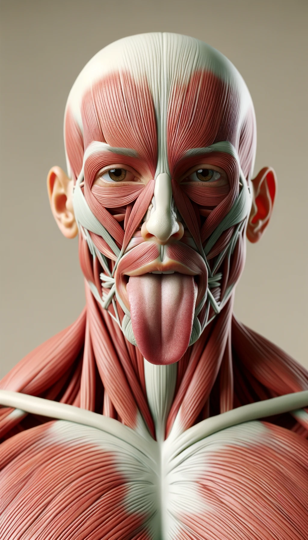 CORPO UMANO ANATOMICO IN PIEDI FRONTALMENTE CHE TIENE LA LINGUA UN PO' FUORI ED è PIENA DI MACCHIE BIANCASTRE, NEUTRAL CLEAR BACKGROUND, COLORI REALISTICI DEI MUSCOLI, iperrealistico 4k emoji