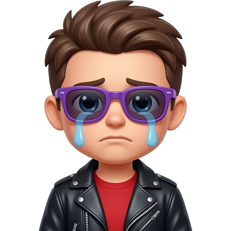 Crying Roblox POCOYO boy avatar emoji, brown hair, purple sunglasses, black leather jacket, red shirt with... emoji