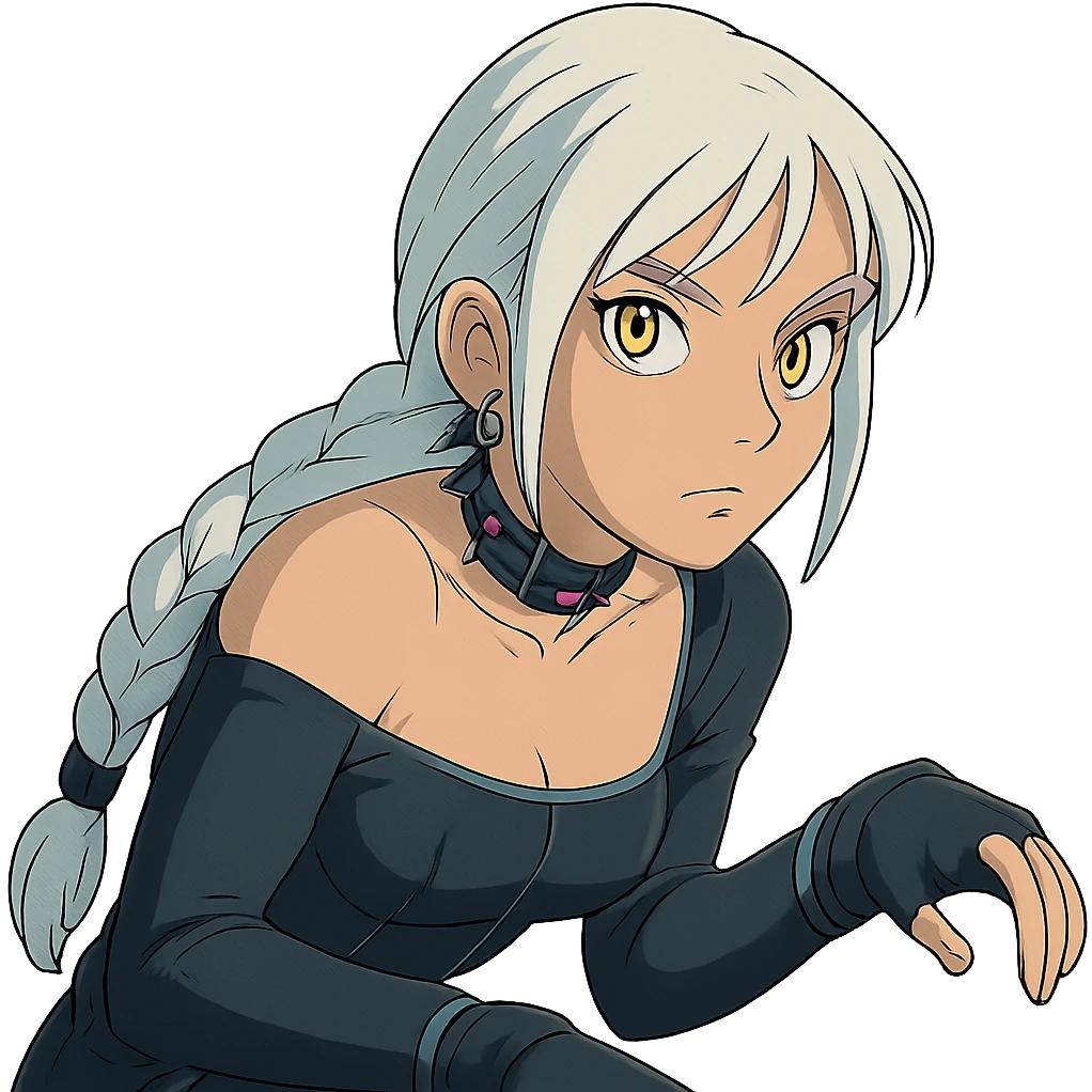  she is sneaking, scooby doo style, a closeup portrait of young woman with gold yellow eyes, white hair, long braid, black off-shoulder top d-cup, punk gothic style, futuristic cyberwave cyberpunk, sitting position
 emoji