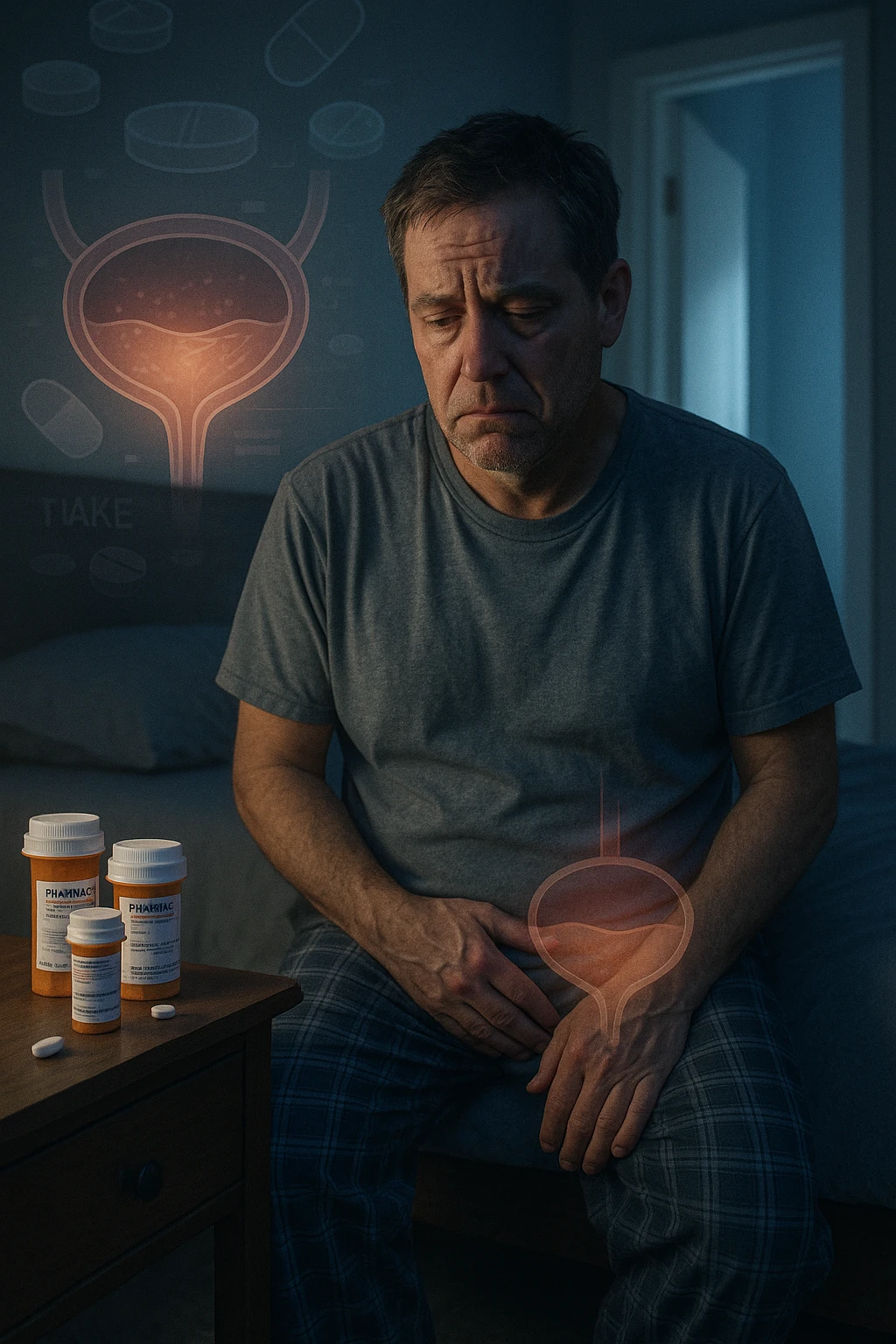 A middle-aged man sits on the edge of his bed in a dimly lit bedroom, looking exhausted and frustrated. On the nightstand beside him are several prescription pill bottles, loosely organized, some open — suggesting long-term medication use. In the background, the bathroom door glows softly, partially open, with a faint reflection of the toilet visible, indicating frequent nighttime trips. The man wears a loose T-shirt and pajama pants, his posture slightly curved as he gently touches his lower abdomen, symbolizing bladder discomfort. His eyes have dark circles, his expression is drained. The color palette is muted blues and greys, with a cinematic soft focus and ambient light highlighting emotional fatigue. A subtle overlay of pill labels and bladder imagery could be added for educational use. emoji