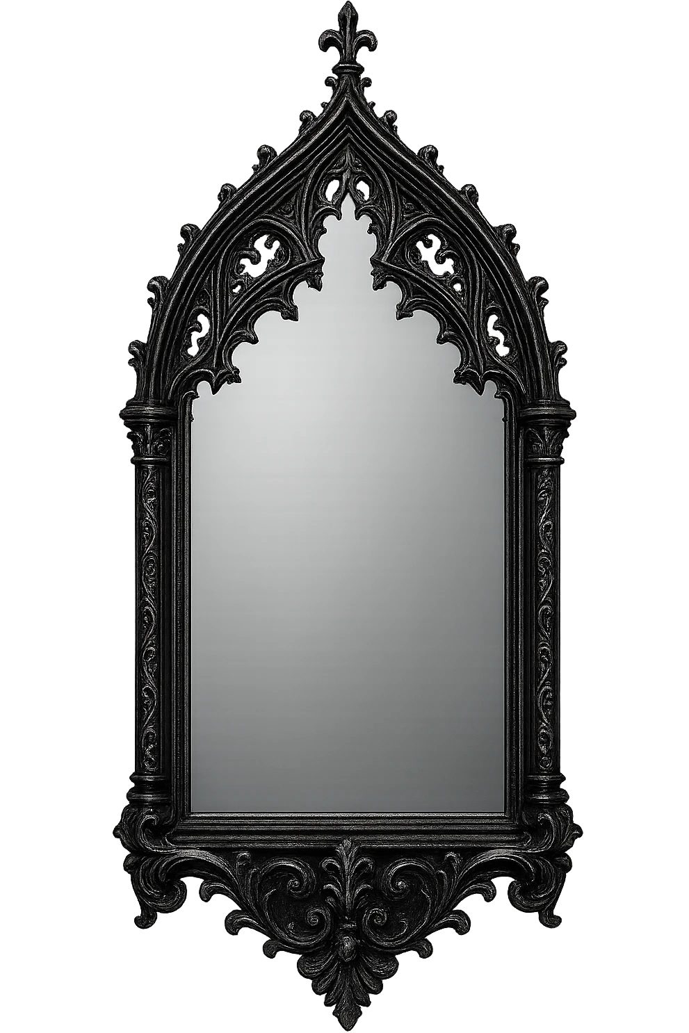 gothic mirror with ornate black and silver frame, no background emoji