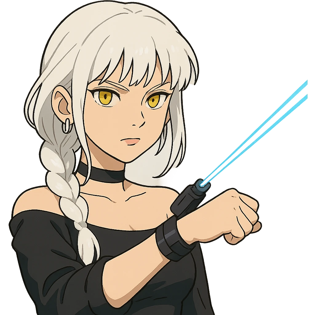  a closeup portrait of young woman with gold yellow eyes, white hair, long braid, black off-shoulder top d-cup, punk gothic style, futuristic cyberwave cyberpunk,  shooting a blue lazer from a small device on her left wrist emoji