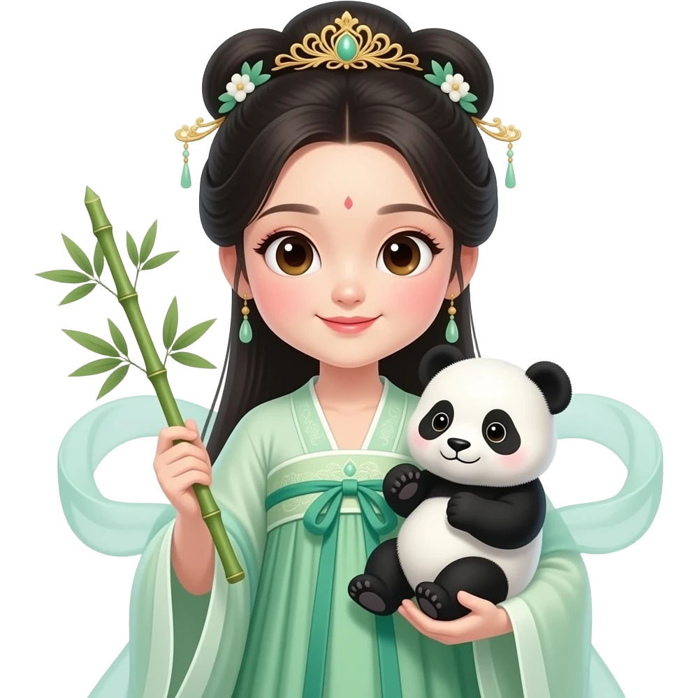 green dress Chinese Princess with baby panda closeup emoji