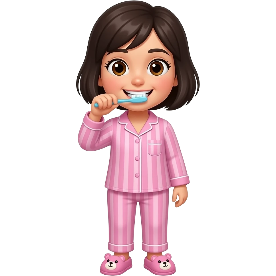 chica de cabello oscuro y corto sin accesorios, con ojos color cafe, con una pijama color rosa con rayas y una pantuflas de osito rosa, cepillandose los dientes emoji