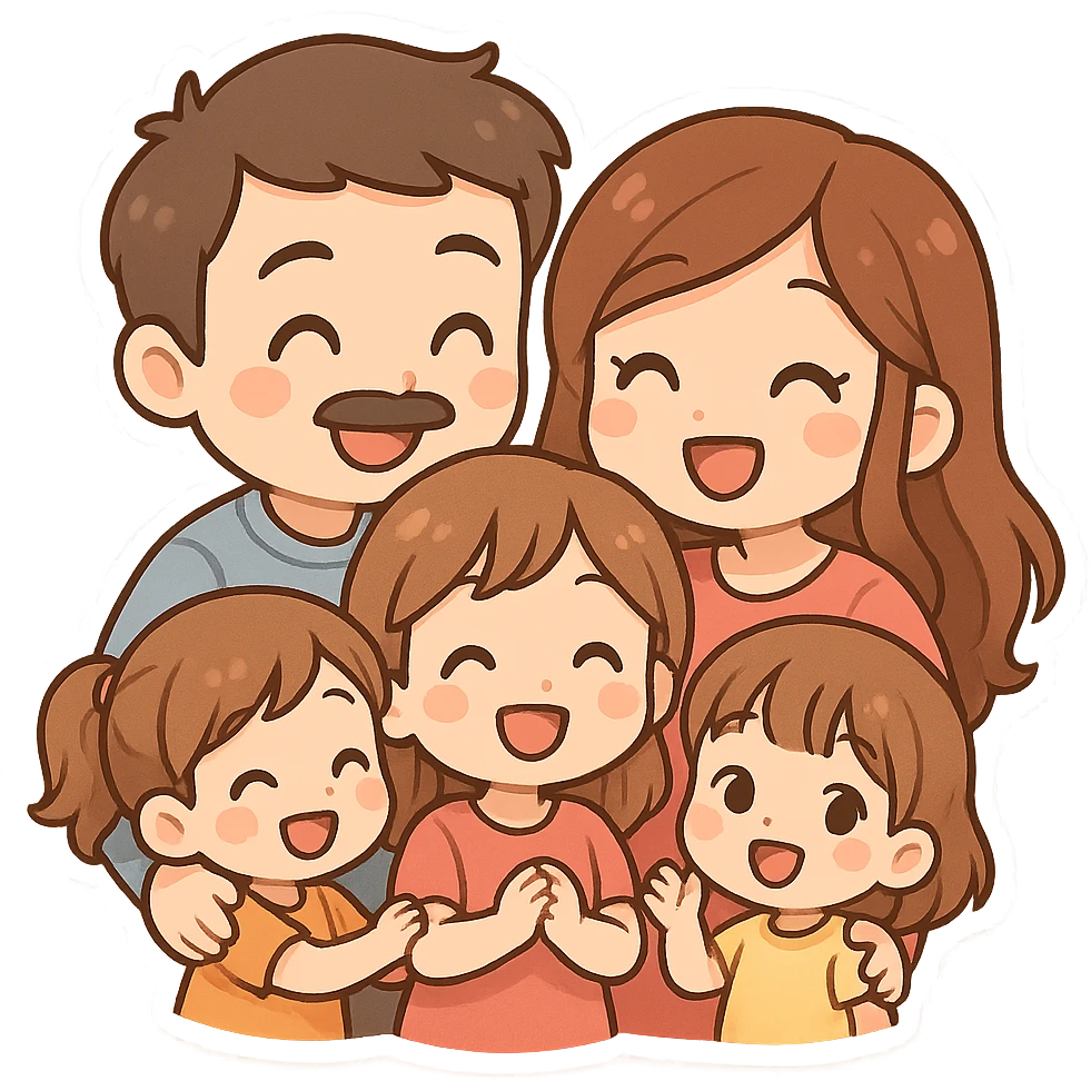 a friendly and cheerful family with dad, mom, and three daughters, all together emoji