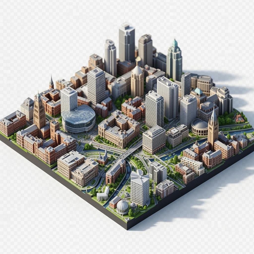 Isometric illustration of Birmingham highly detailed in semi-realistic, 3D miniature effect, transparent background. emoji
