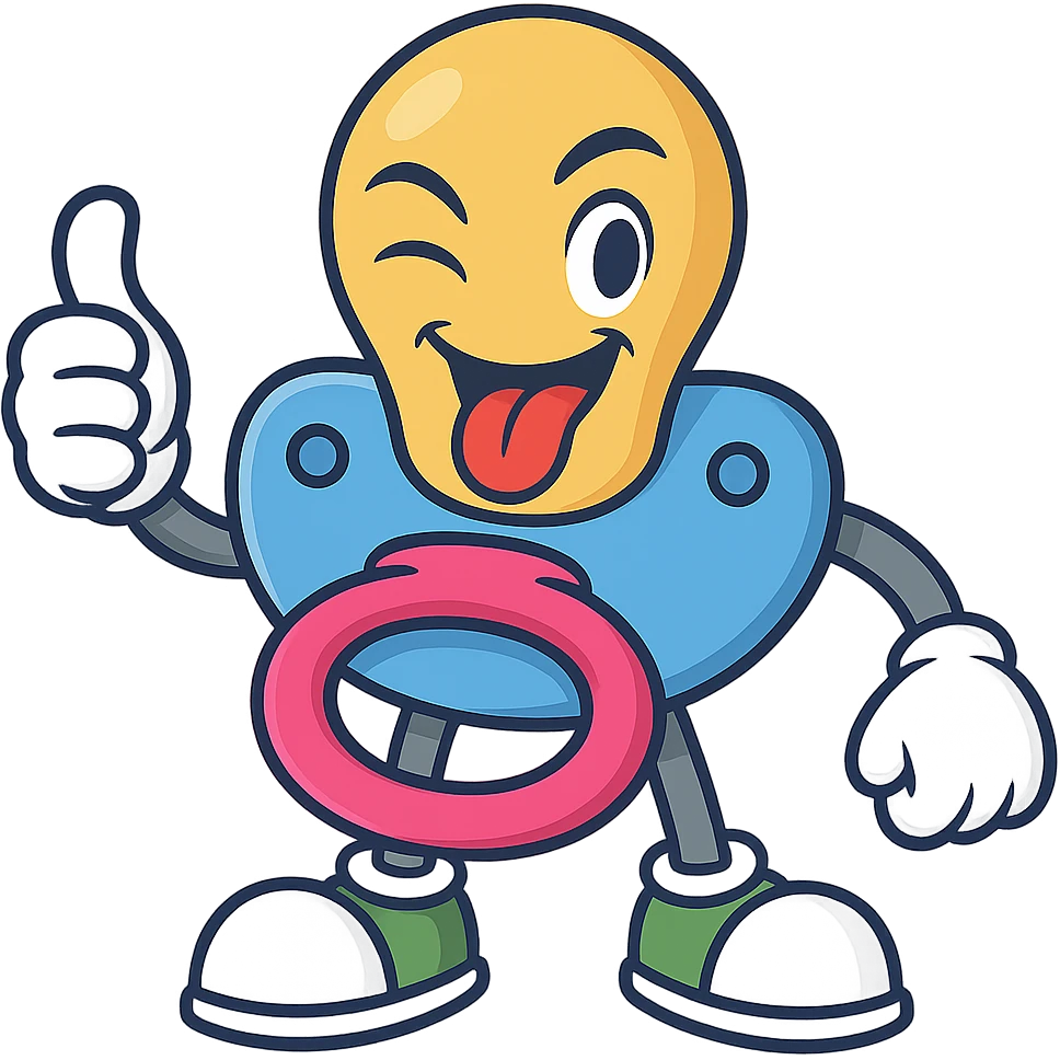 Create the pacifier character winking and giving a thumbs up, keeping the same style, colors, and mischievous personality as the reference image. Transparent background. emoji