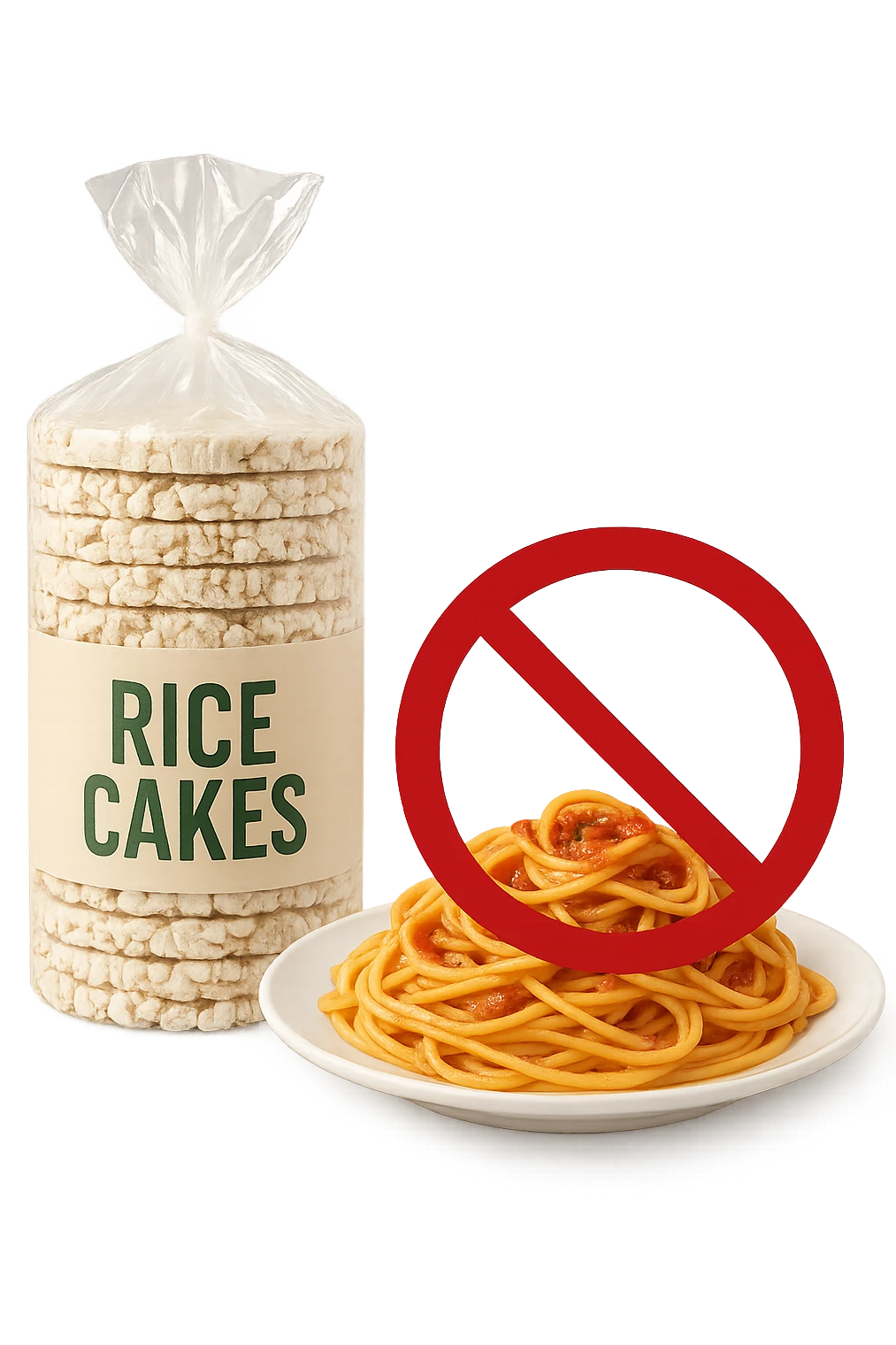 confezione di gallette di riso con accanto un piatto di pasta con divieto sopra, in italiano,  realistici emoji