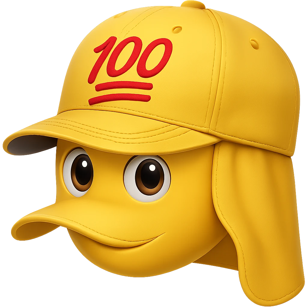 Embroider the red 100 emoji on the front of the yellow baseball cap in the style of apple emojis, with no background. emoji