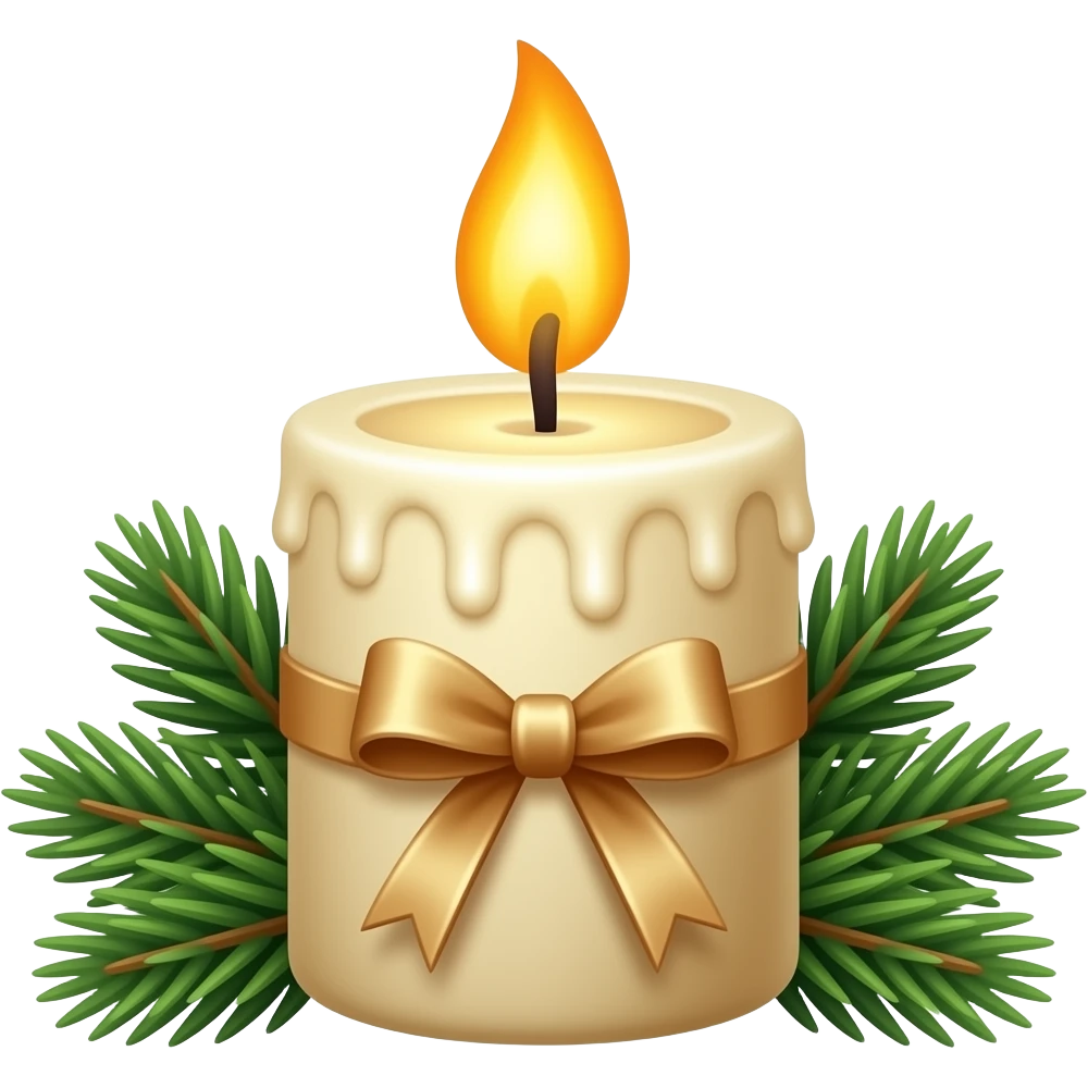 Burning candle with fir twigs and a bow around the candle emoji