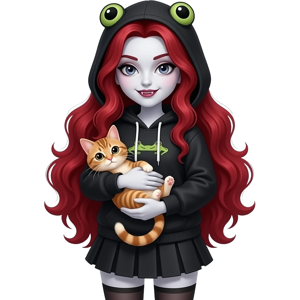 Vampiro femmina con capelli lunghi rosso fuoco ondulati con pelle bianca con gonna corta e felpa nera con anfibi che tiene in braccio un gattino europeo emoji