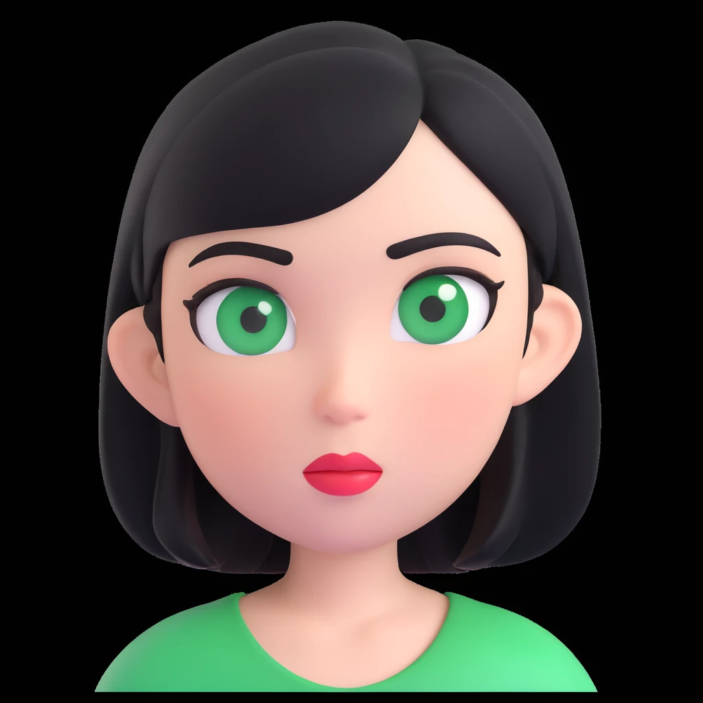 girl with black hair and green eyes, memoji style, 3D, expressive face, white background emoji