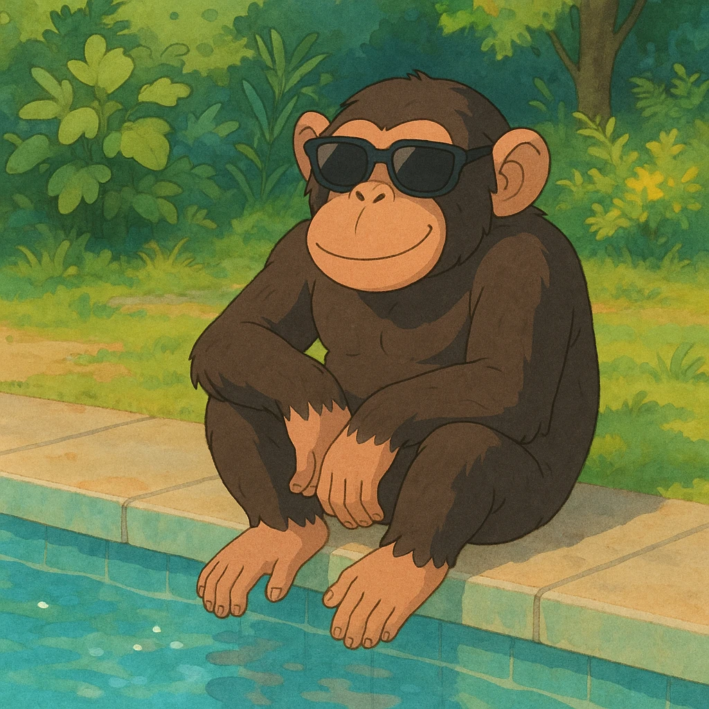 chimpanzé avec des lunettes au bord d'une piscine, style ghibli emoji