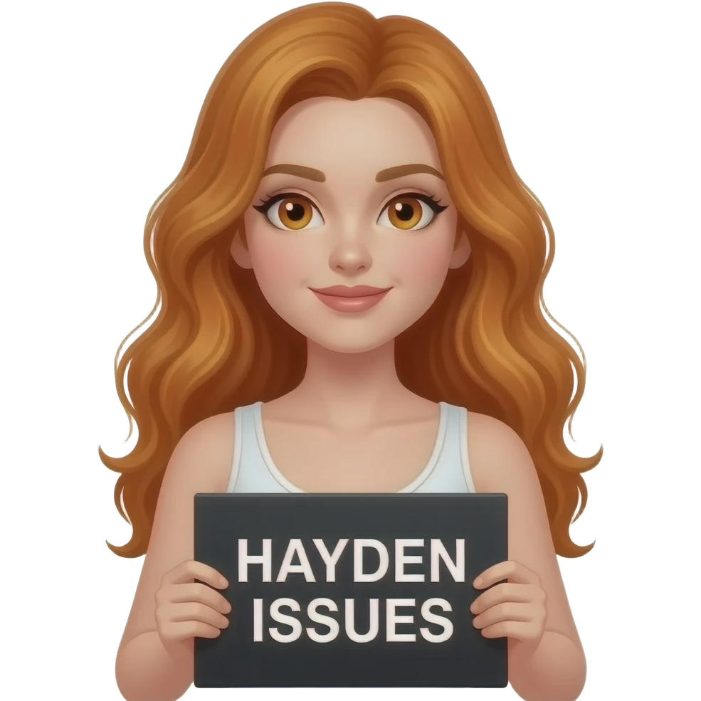 sexy girl with long wavy ginger hair and ginger eyes wearing a white tanktop is holding a black colored sign with HAYDEN ISSUES written on it emoji